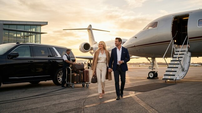 Couple walking to a private jet with their chauffeur and luggage on the tarmac