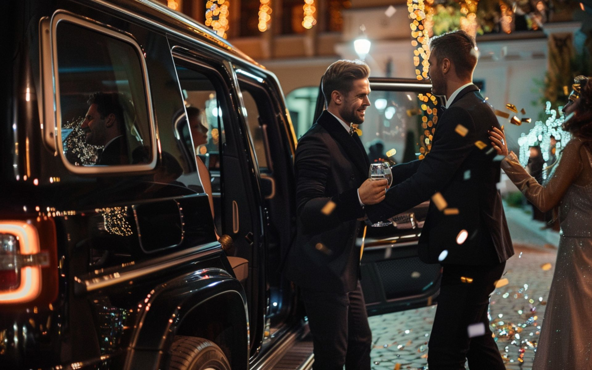 Group celebrating with confetti next to a black luxury SUV at night