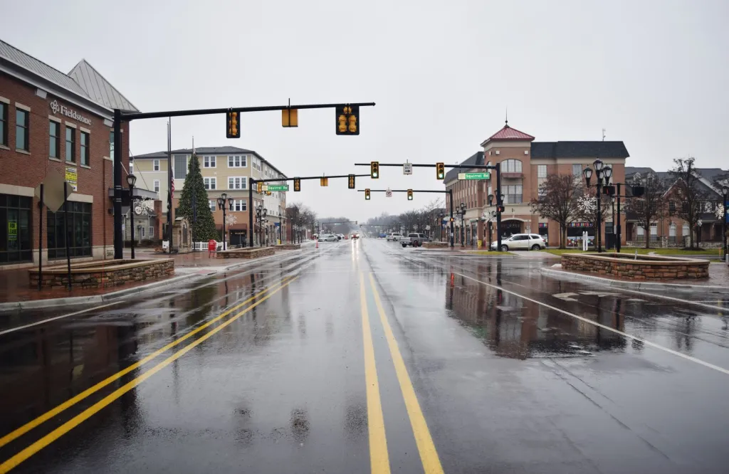 Downtown street in Auburn Hills, Michigan on a rainy day