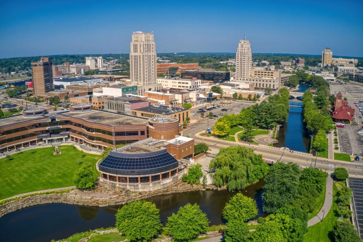Aerial view of downtown Battle Creek, Michigan along the river