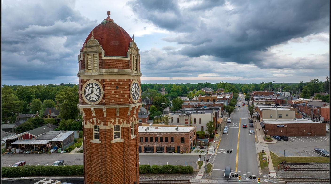 Clock tower overlooking downtown Chelsea, Michigan