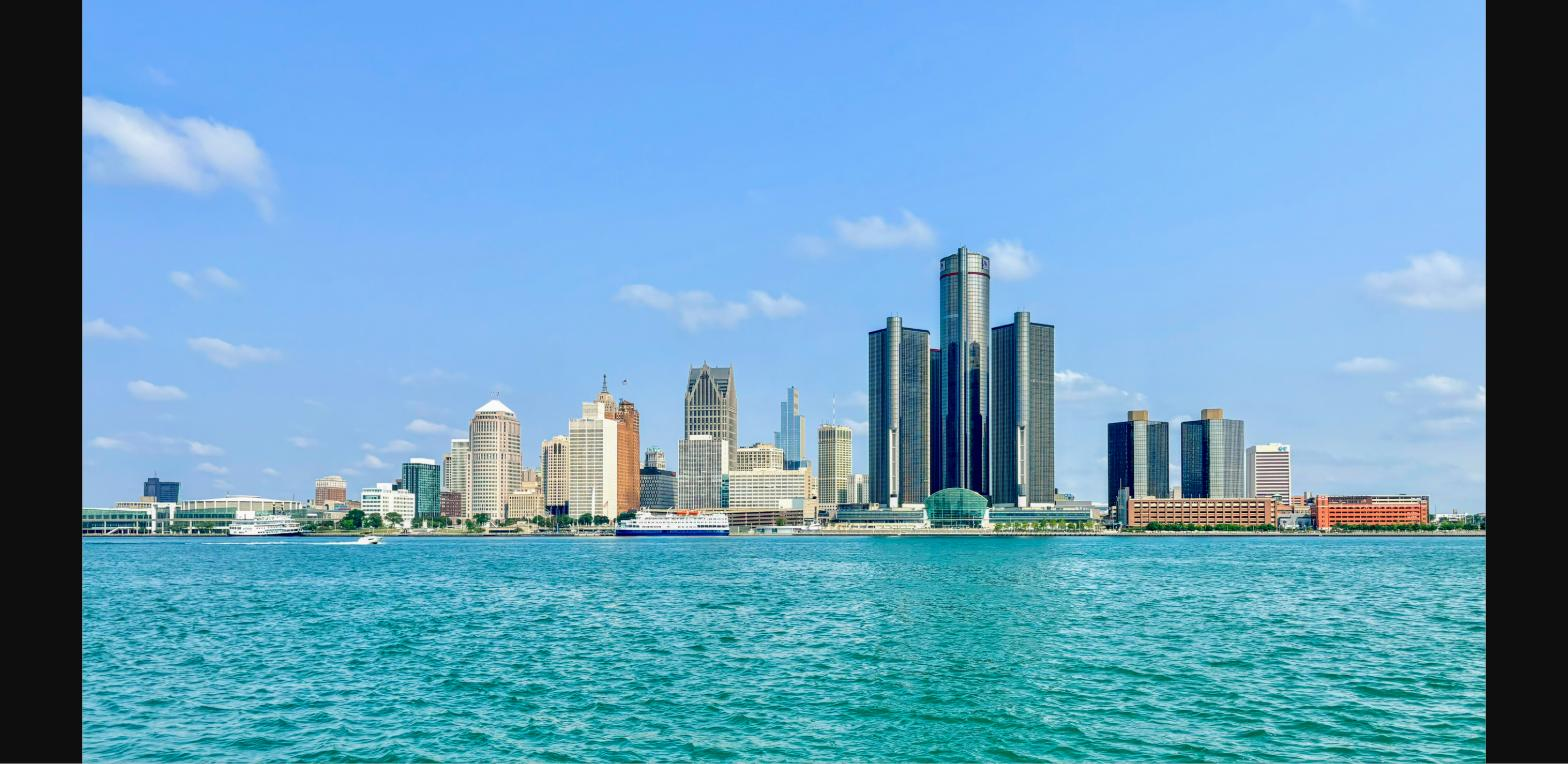 Detroit skyline viewed across the river, including the Renaissance Center