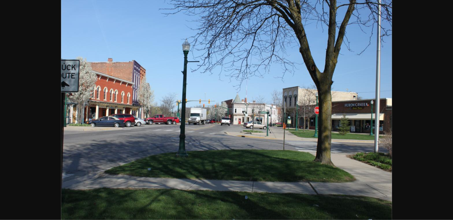 Downtown Dexter, Michigan street intersection with historic storefronts
