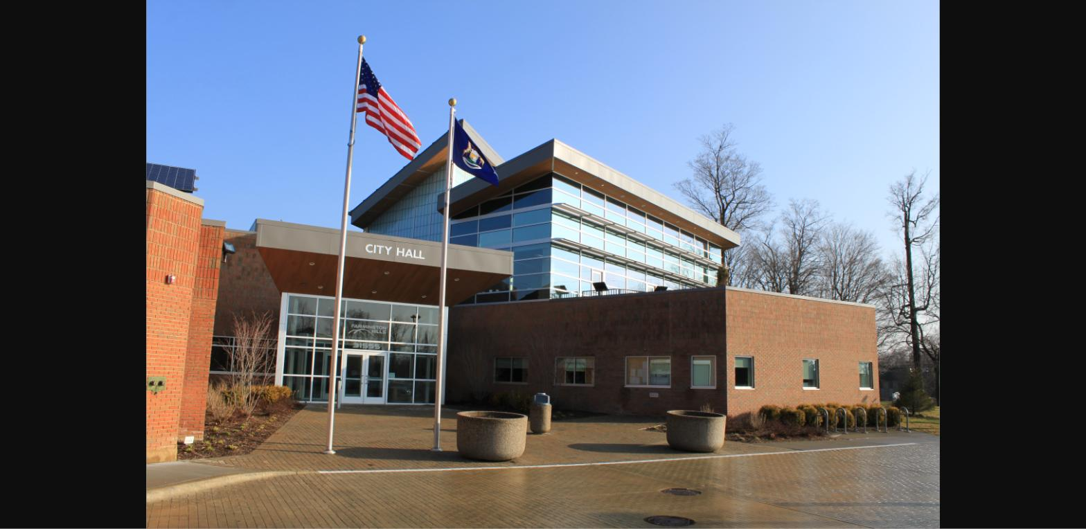 Farmington Hills, Michigan City Hall entrance with flags