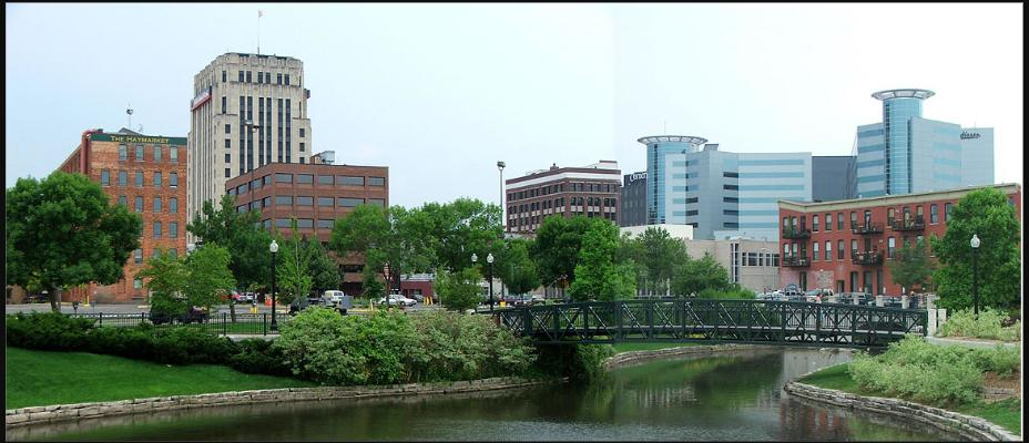 Downtown Kalamazoo, Michigan skyline along the river