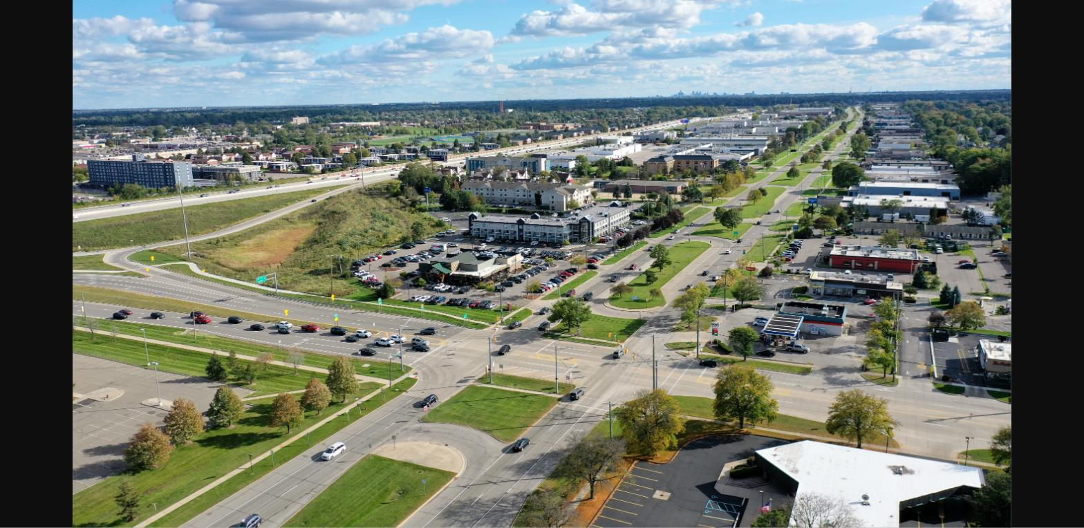 Aerial view of Madison Heights, Michigan intersection and businesses