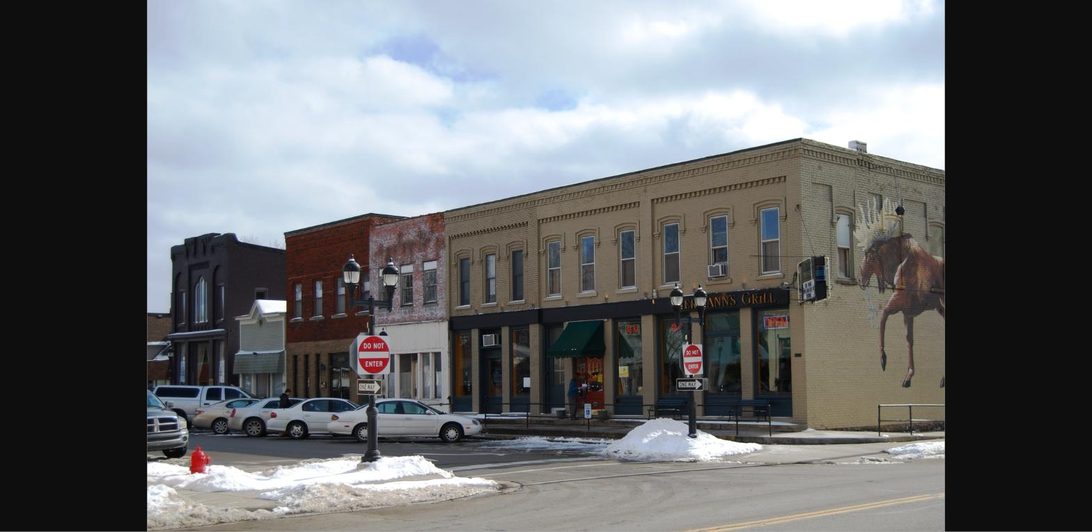 Historic storefronts in downtown Plymouth, Michigan