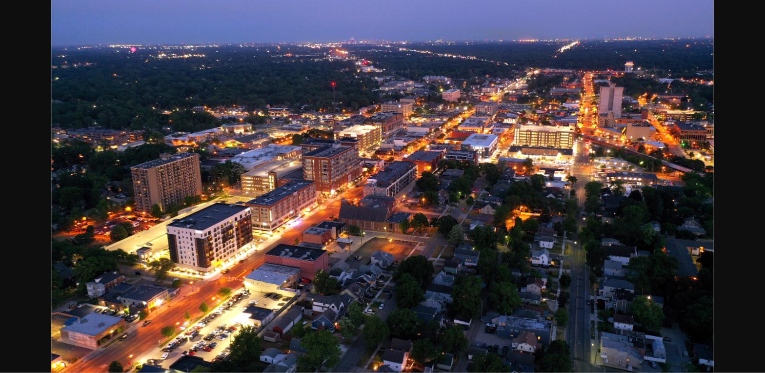 Aerial night view of downtown Royal Oak, Michigan