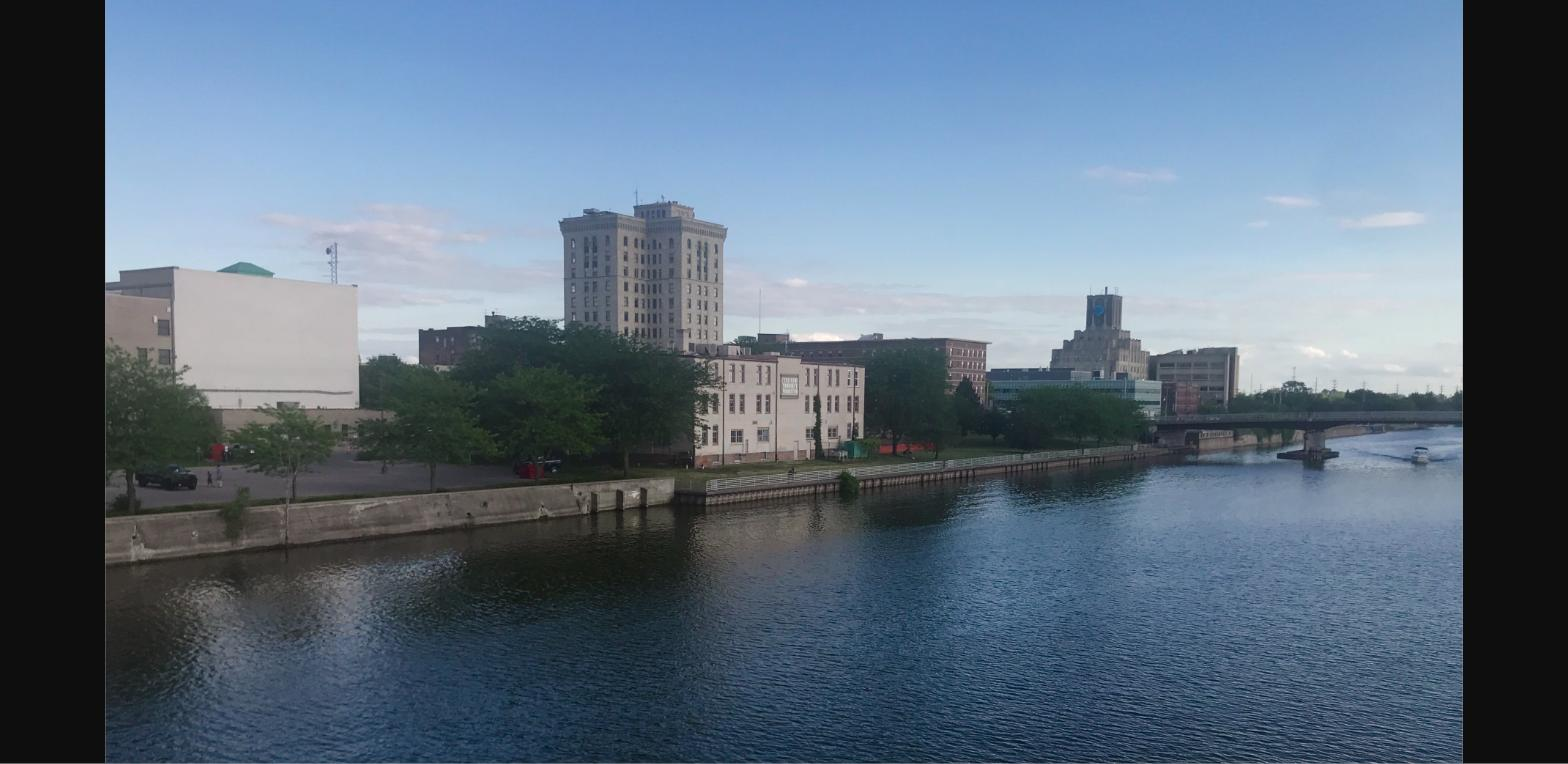 Saginaw, Michigan skyline along the Saginaw River