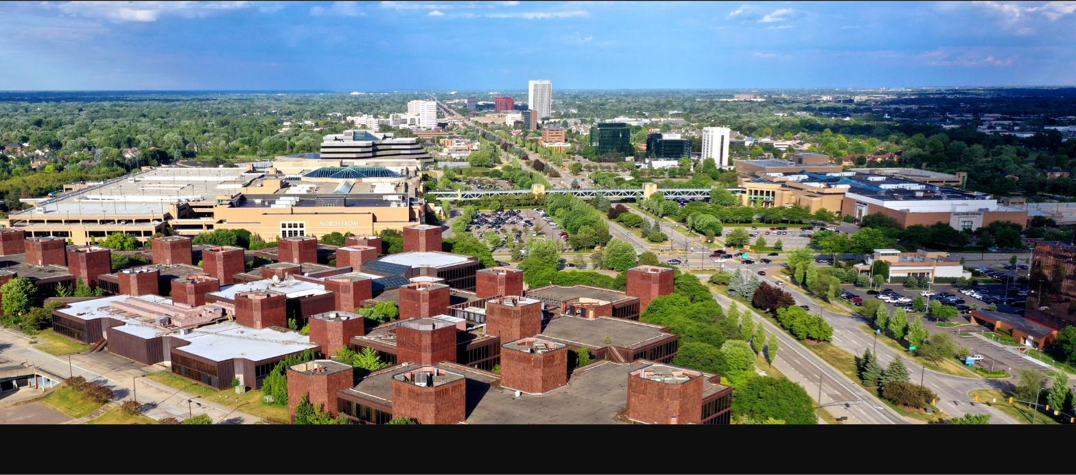 Aerial view of Troy, Michigan skyline and shopping district