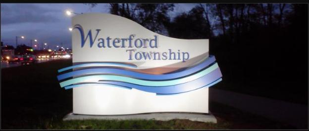 Waterford Township, Michigan welcome sign at night