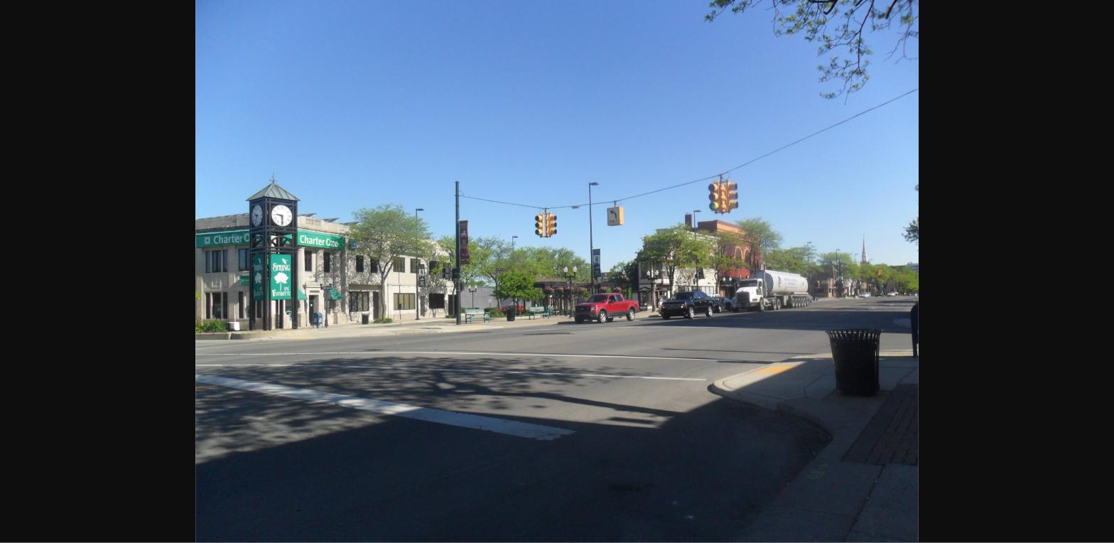 Downtown Wyandotte, Michigan street intersection with clock tower