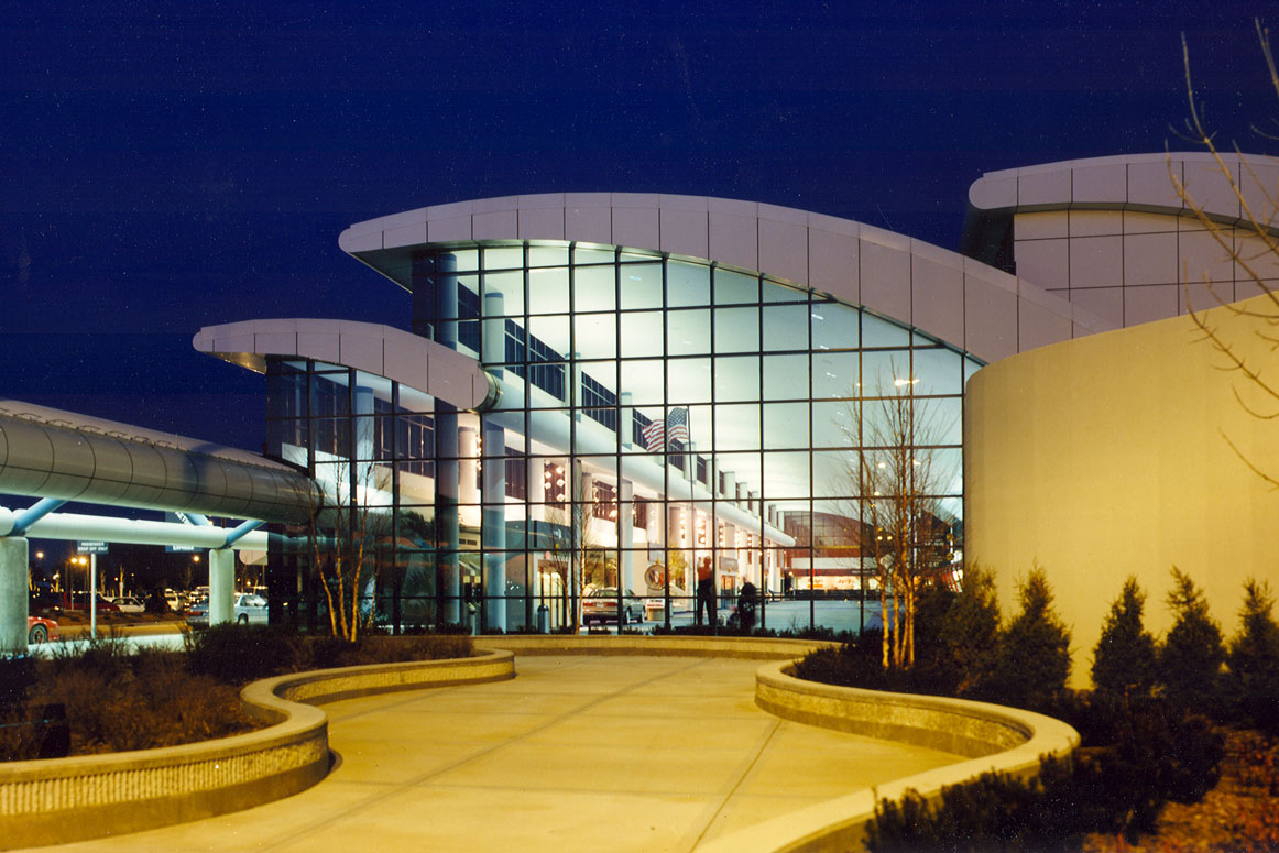 Bishop International Airport terminal exterior at night