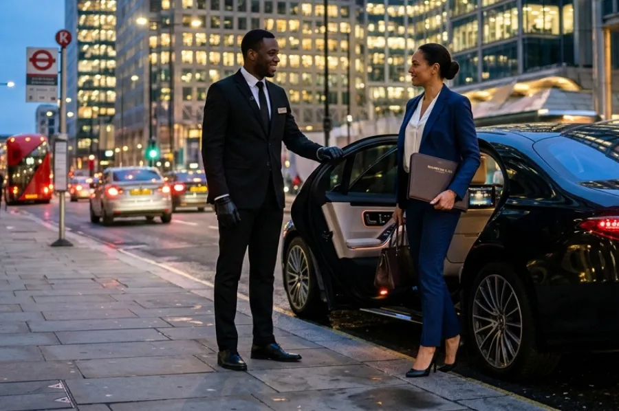 Chauffeur greeting a client curbside next to a luxury sedan