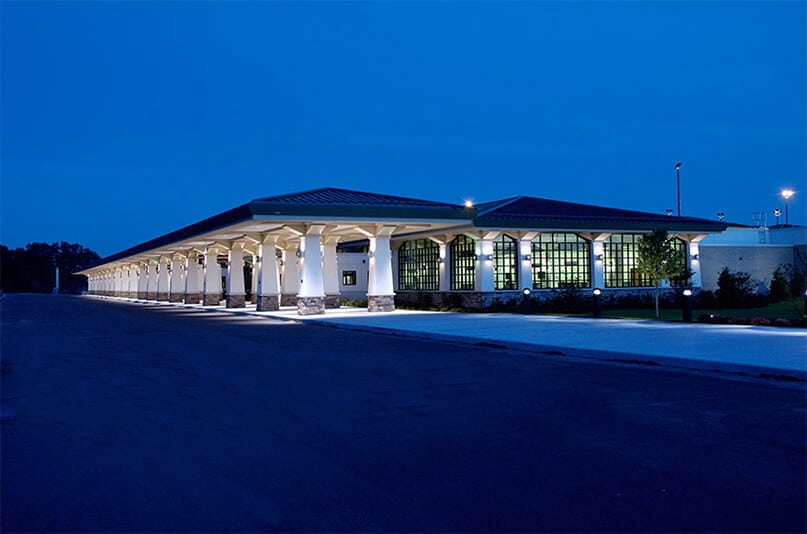 Cherry Capital Airport terminal exterior at dusk