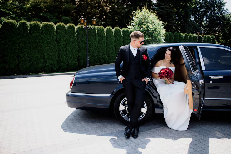 Bride and groom next to a black luxury wedding car